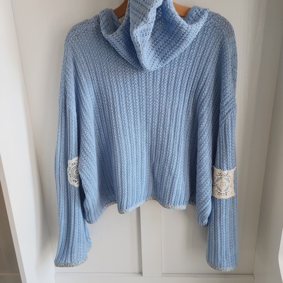 POL Lace Doily Patch Crochet Hooded Grannycore Cardigan RARE Sweater Blue Size S - Picture 7 of 11